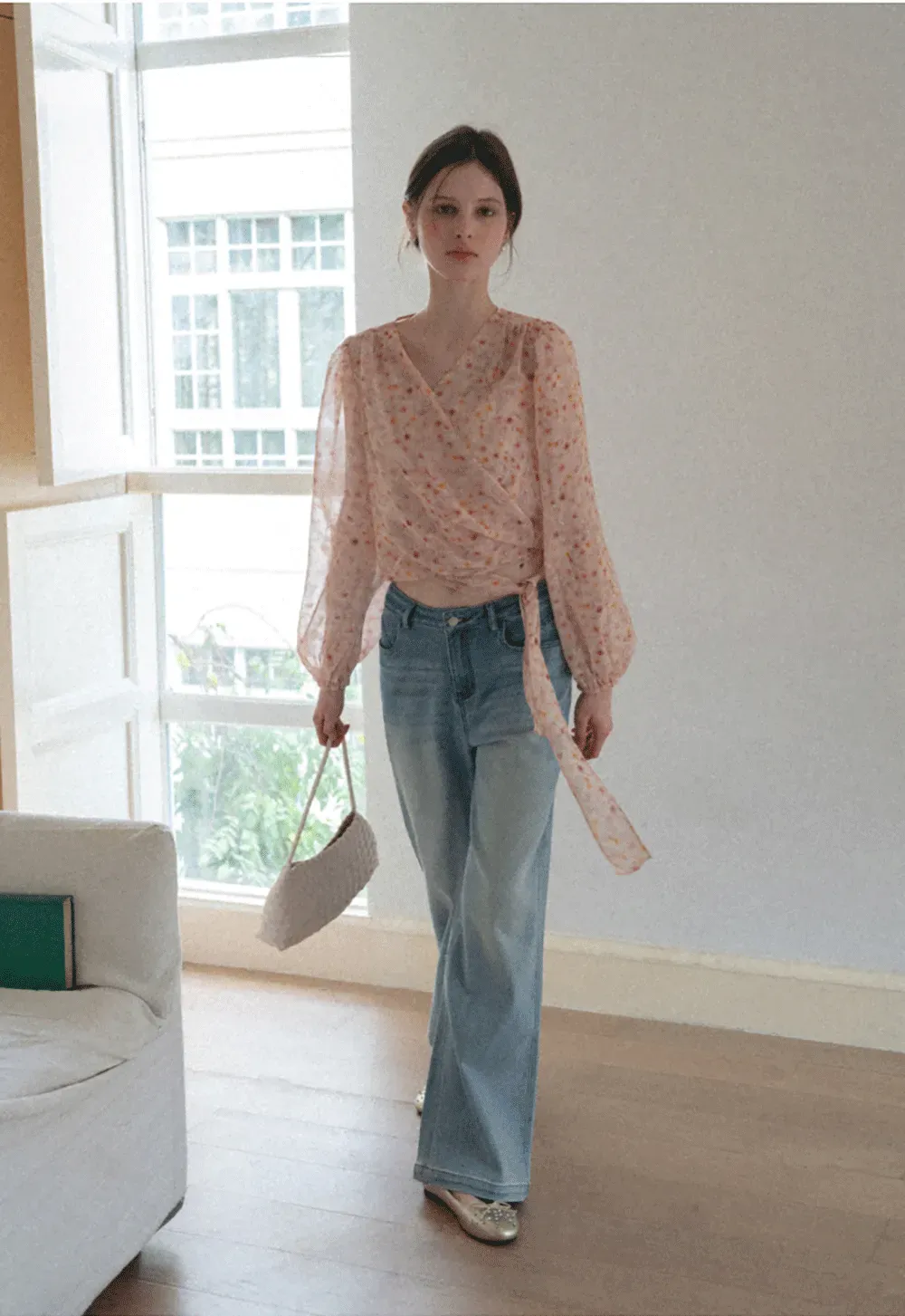 Lace Chiffon Wrap Blouse with Long Sleeves
