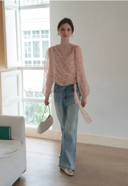 Lace Chiffon Wrap Blouse with Long Sleeves