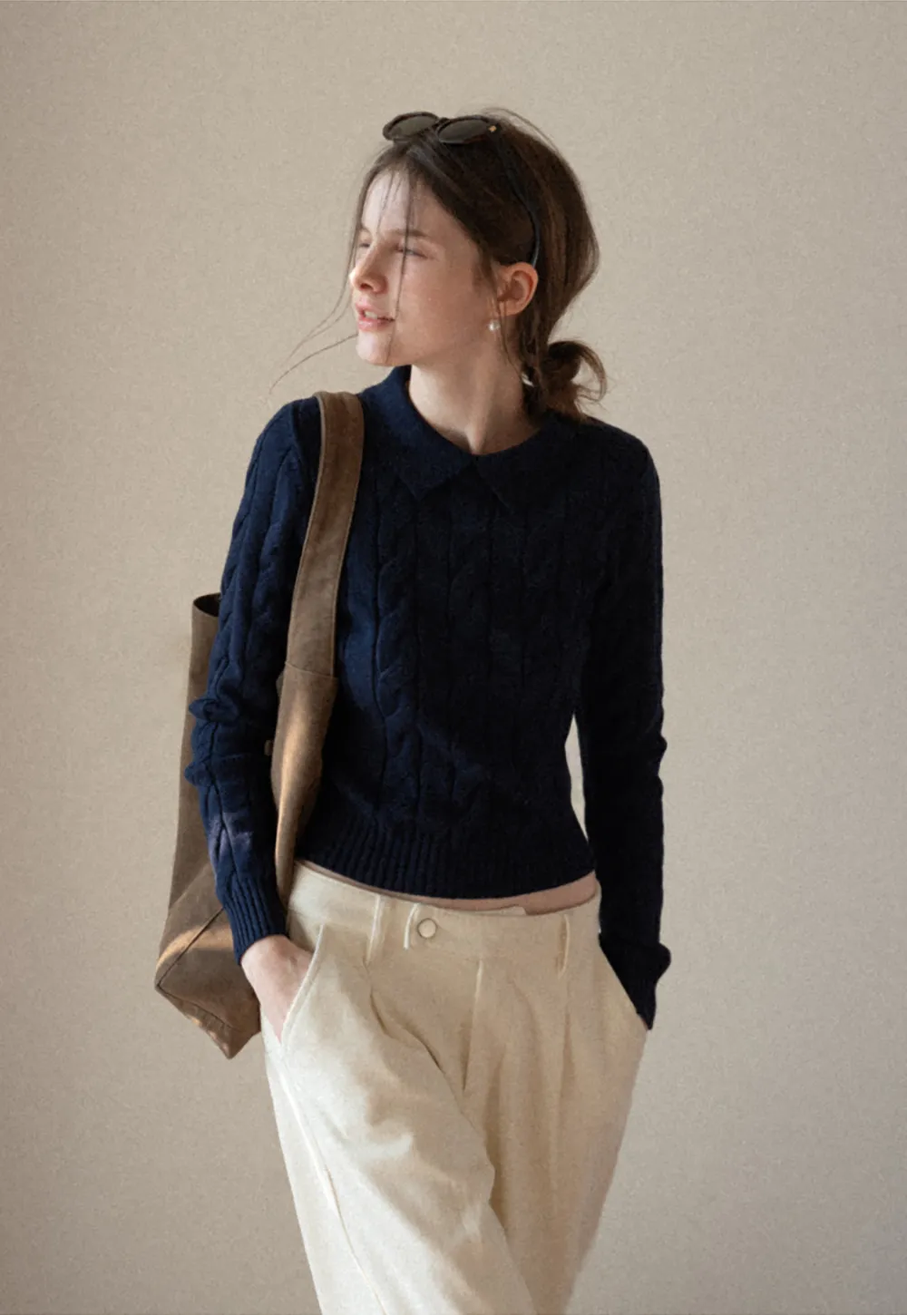 Cable Knit Crop Sweater with Collar