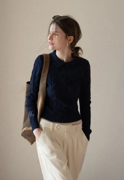 Cable Knit Crop Sweater with Collar