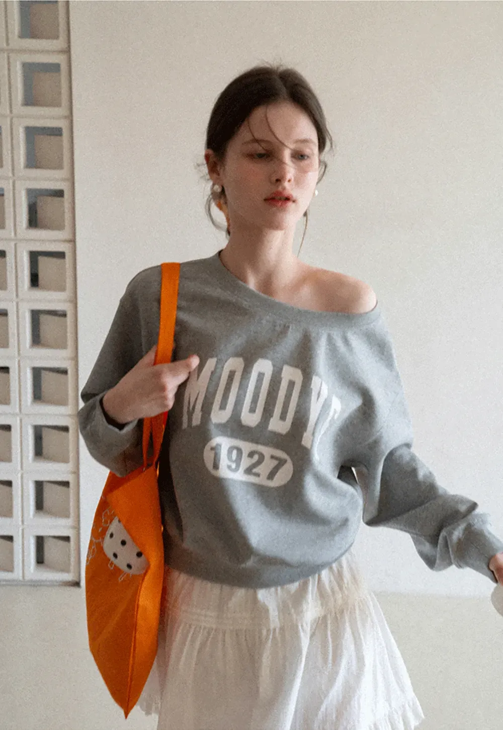 Gray Off Shoulder Sweatshirt with Bold Lettering and Year Print