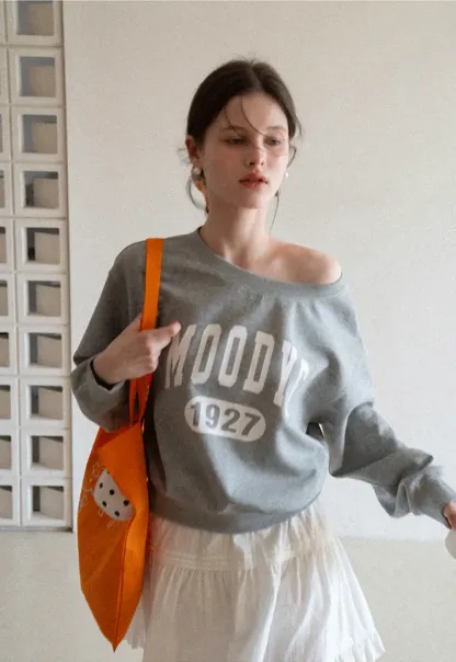 Gray Off Shoulder Sweatshirt with Bold Lettering and Year Print