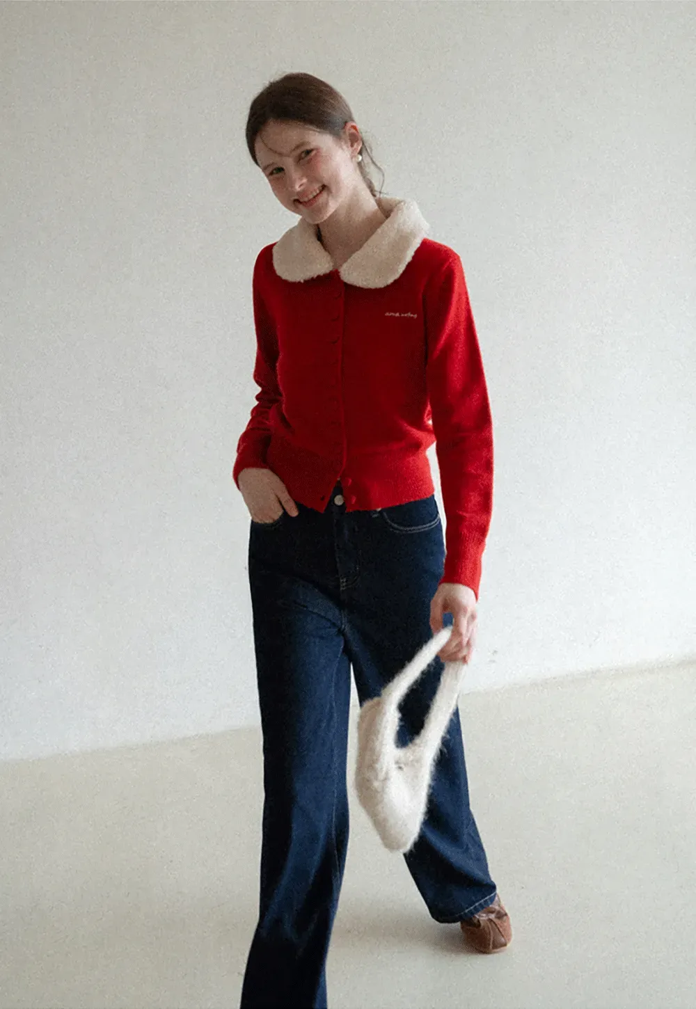 Soft Collar Knit Cardigan with Embroidery Design