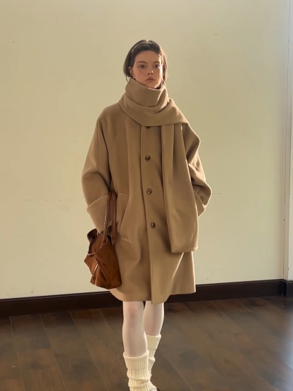 Women Wool Coat with Attached Scarf