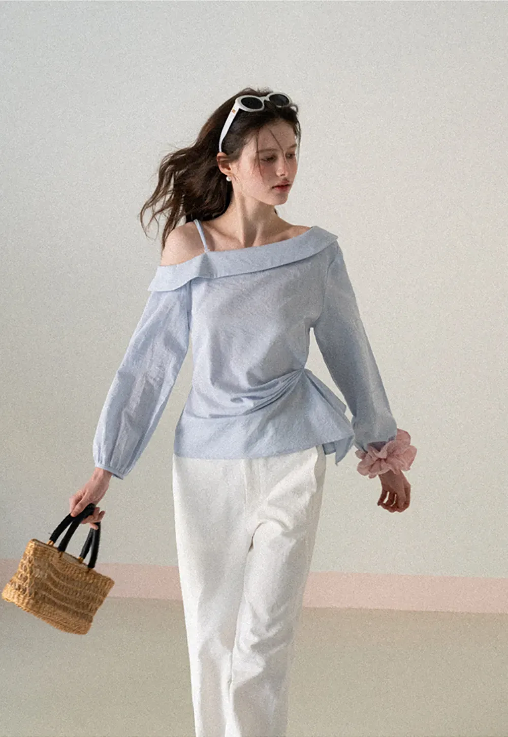 Off Shoulder Shirt with Ruched Sleeve Detail