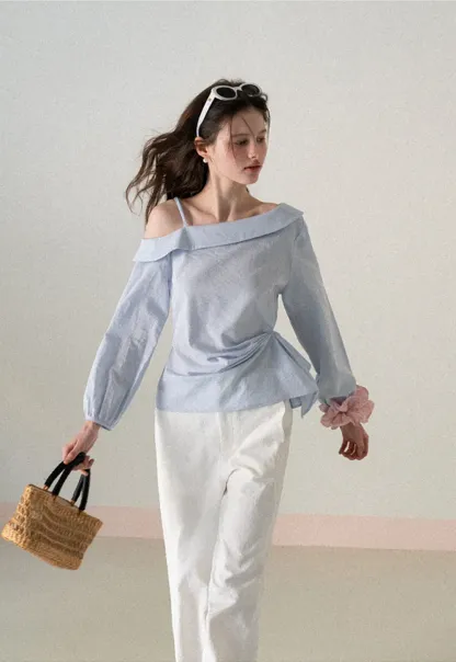 Off Shoulder Shirt with Ruched Sleeve Detail