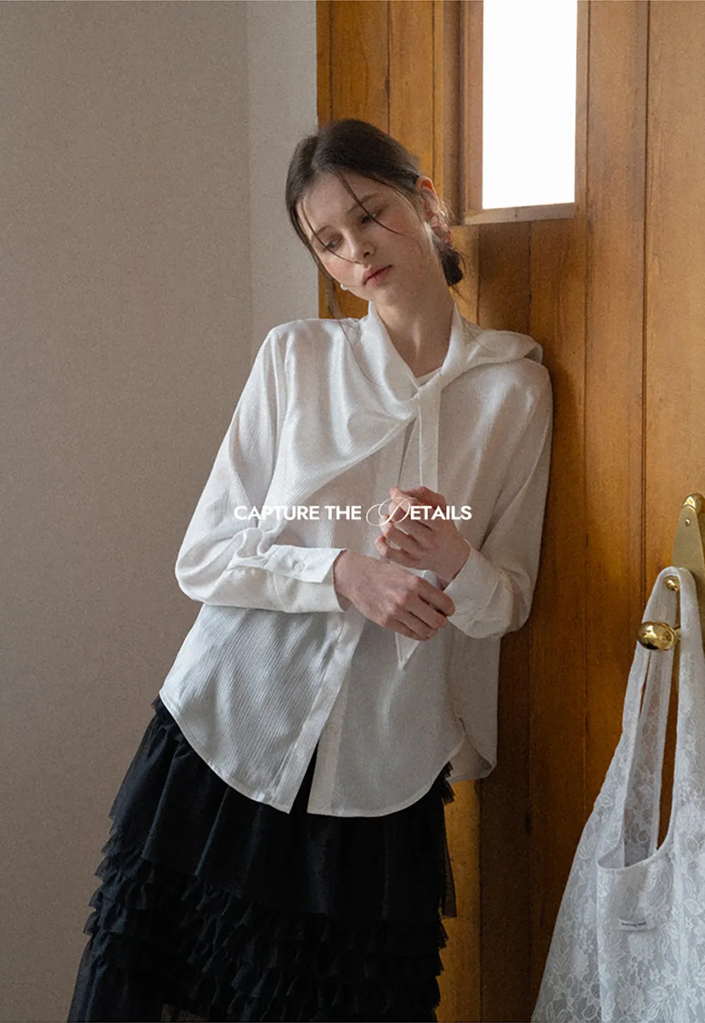 Ribbed Long Sleeve Shirt with Tie Neck Detail