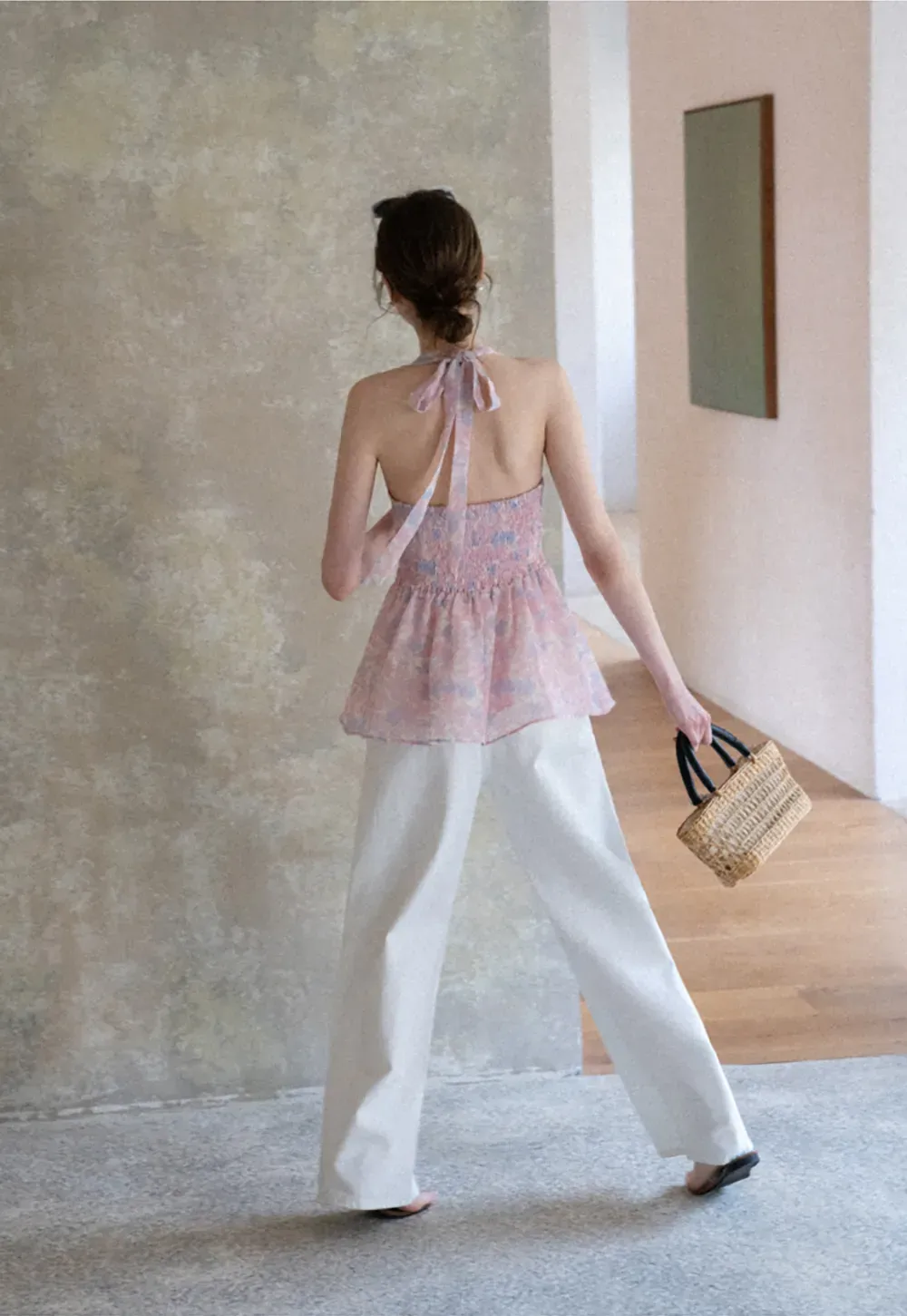 Woolen knit sweater with tie front and floral tank top