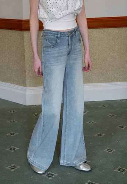 Wide leg flared denim jeans with front pockets