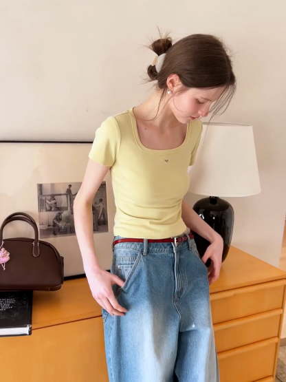 Short Sleeve Crop Top with Square Neckline