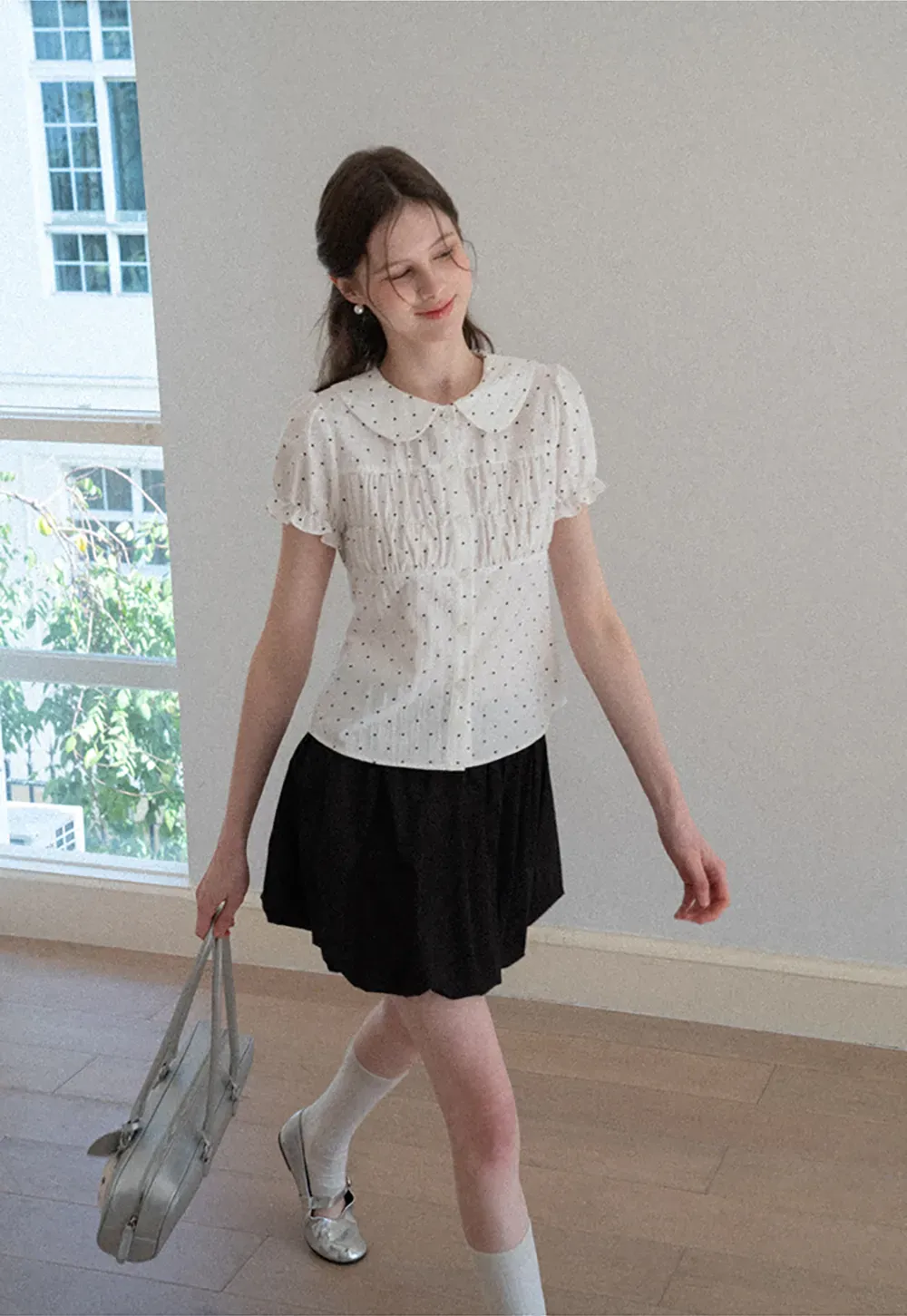 Polka dot shirt with ruffled sleeves and Peter Pan collar