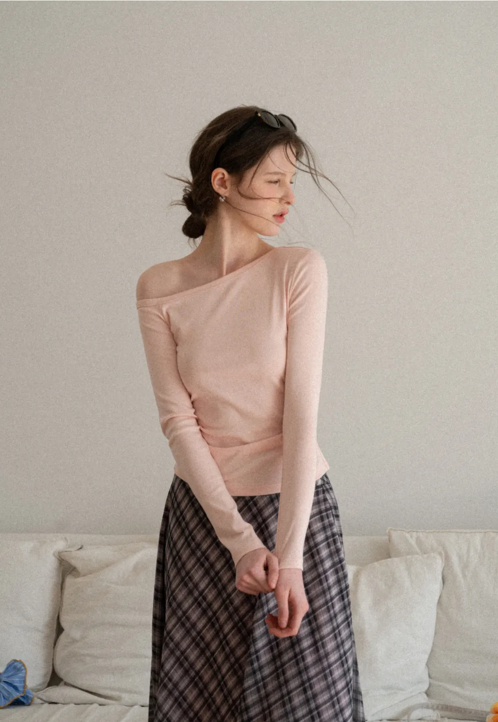 Asymmetrical long sleeve off shoulder top