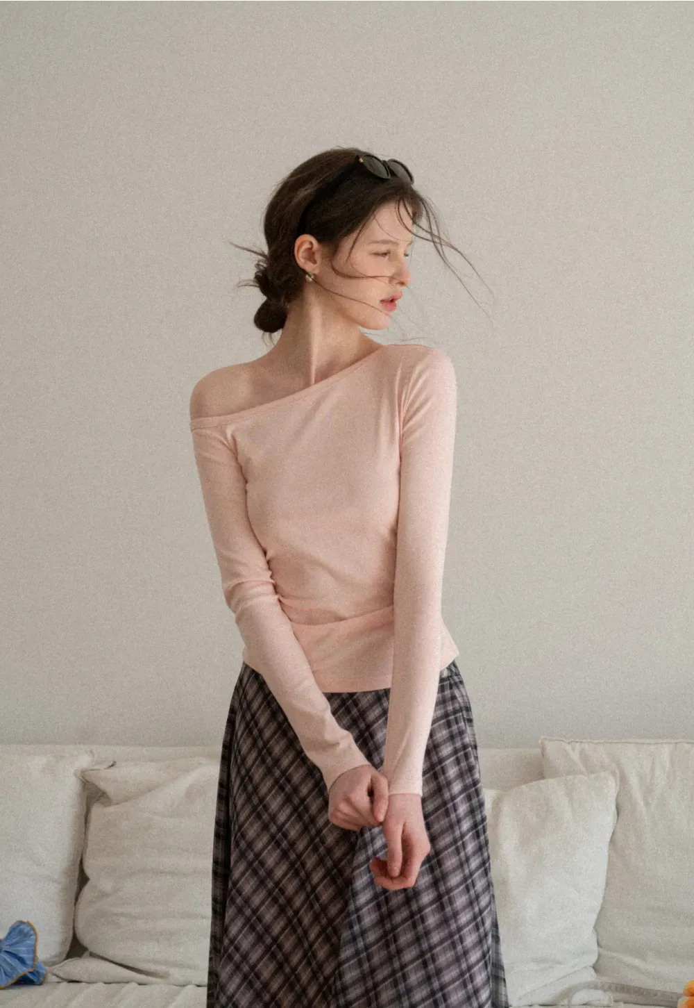 Asymmetrical long sleeve off shoulder top