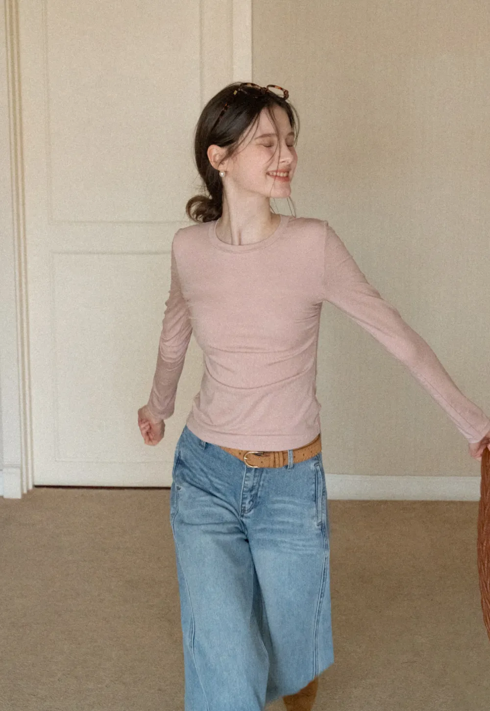 Ruched Long Sleeve T-Shirt with Gathered Detail