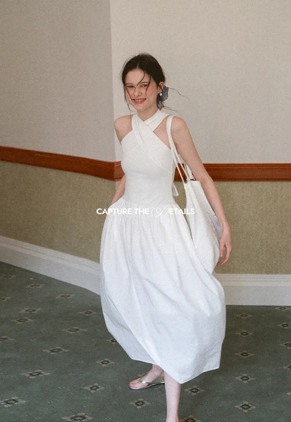 Halter Neck A Line Midi Dress with Pleated Skirt