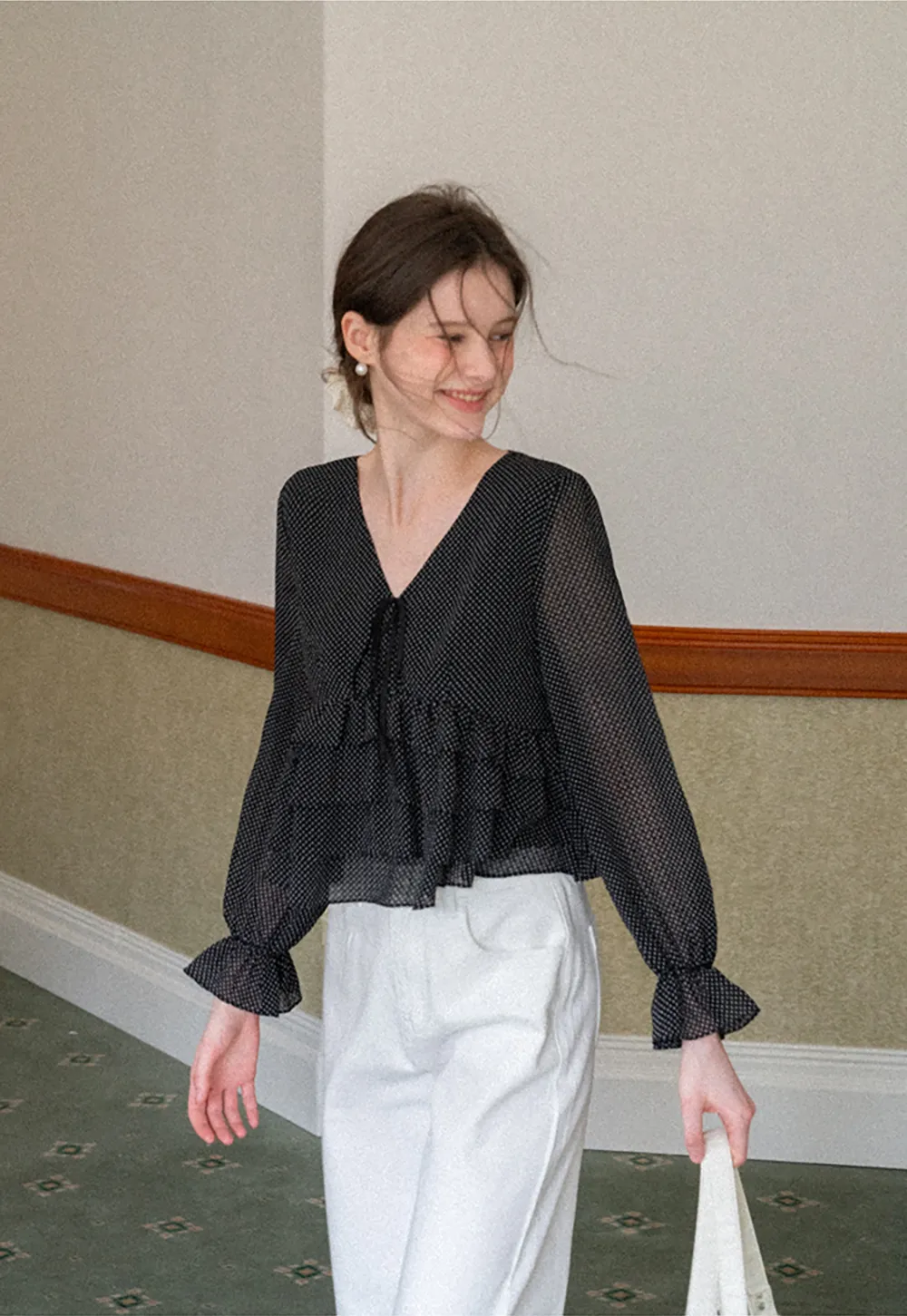 Polka Dot Sheer Blouse with Ruffled Hem and Tie Neck