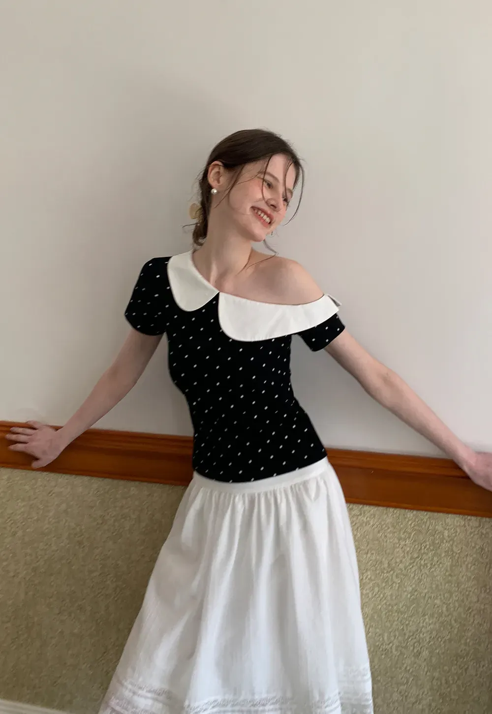 Polka dot short sleeve top with Peter Pan collar