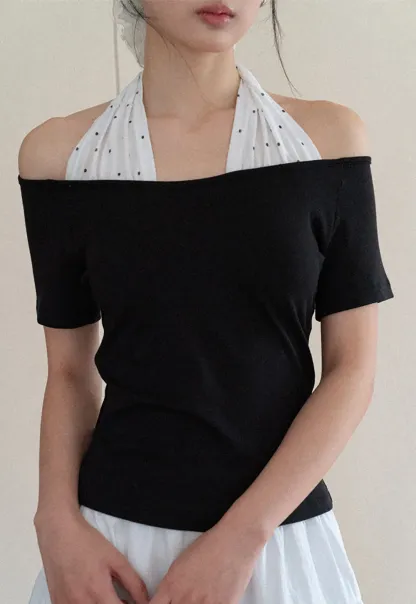 Off shoulder short sleeve top with halter neck detail