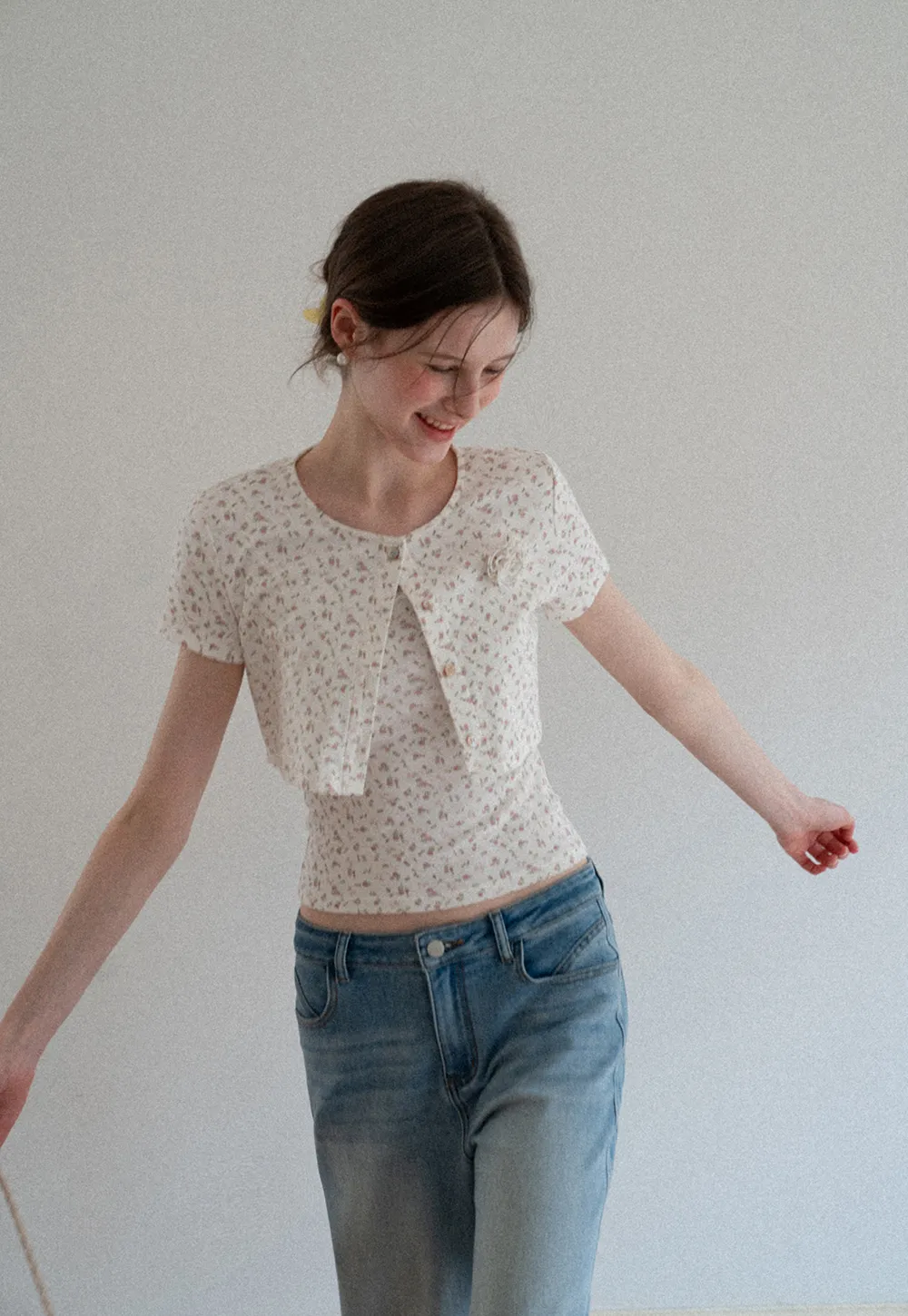 Short sleeve floral print top and tank top set