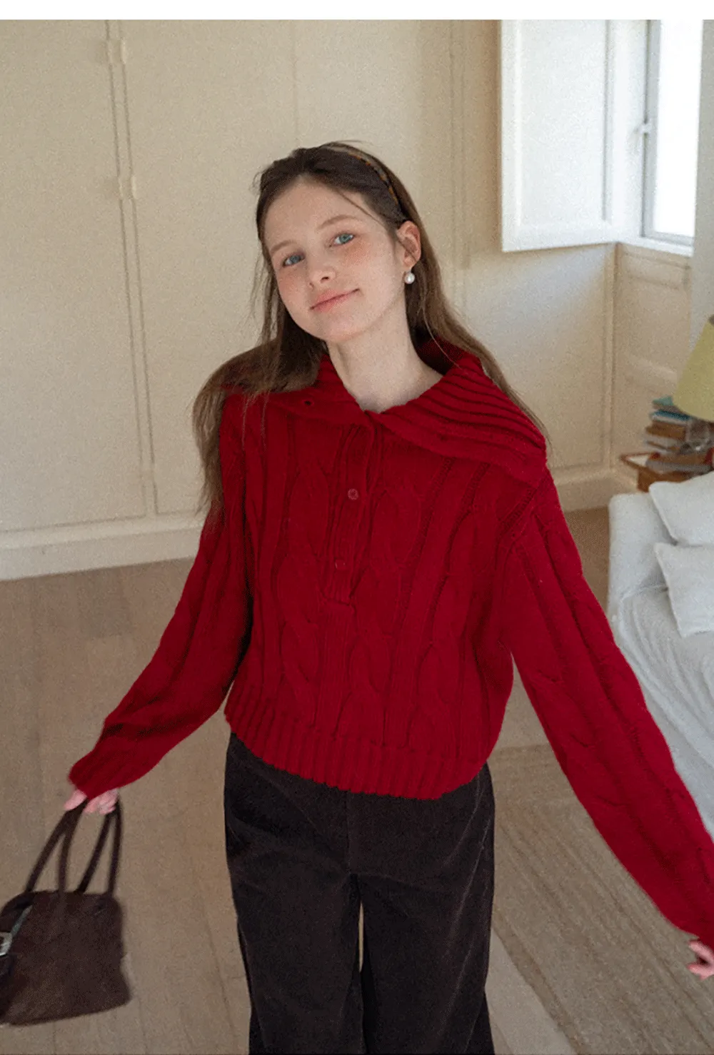 Cable Knit Turtleneck Sweater with Ribbed Sleeves and Hem