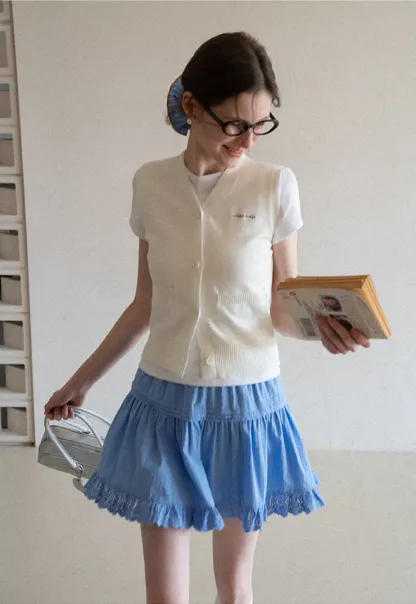 Knitted Vest with Button Closure and Embroidery