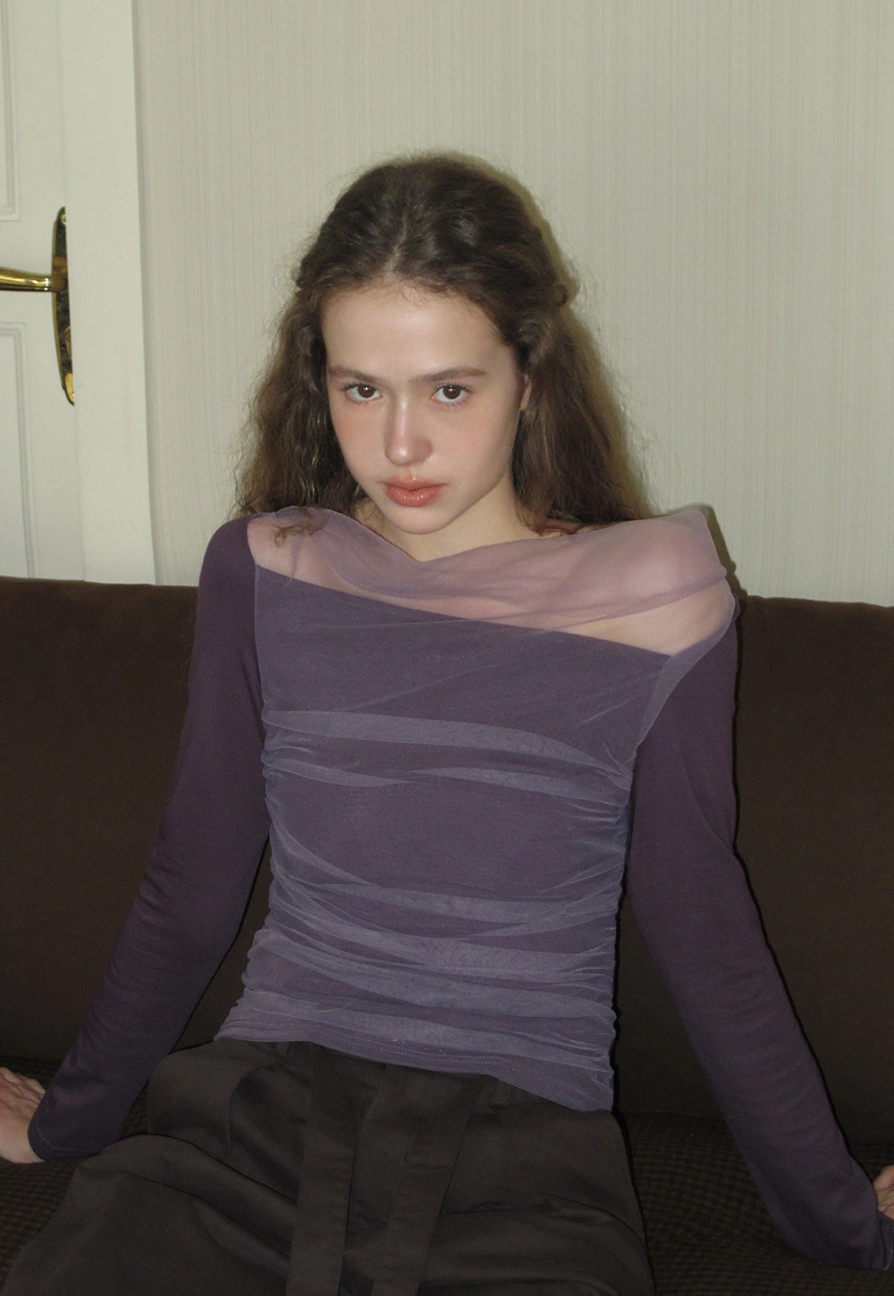 Women Mesh Patchwork Cowl Neck Top