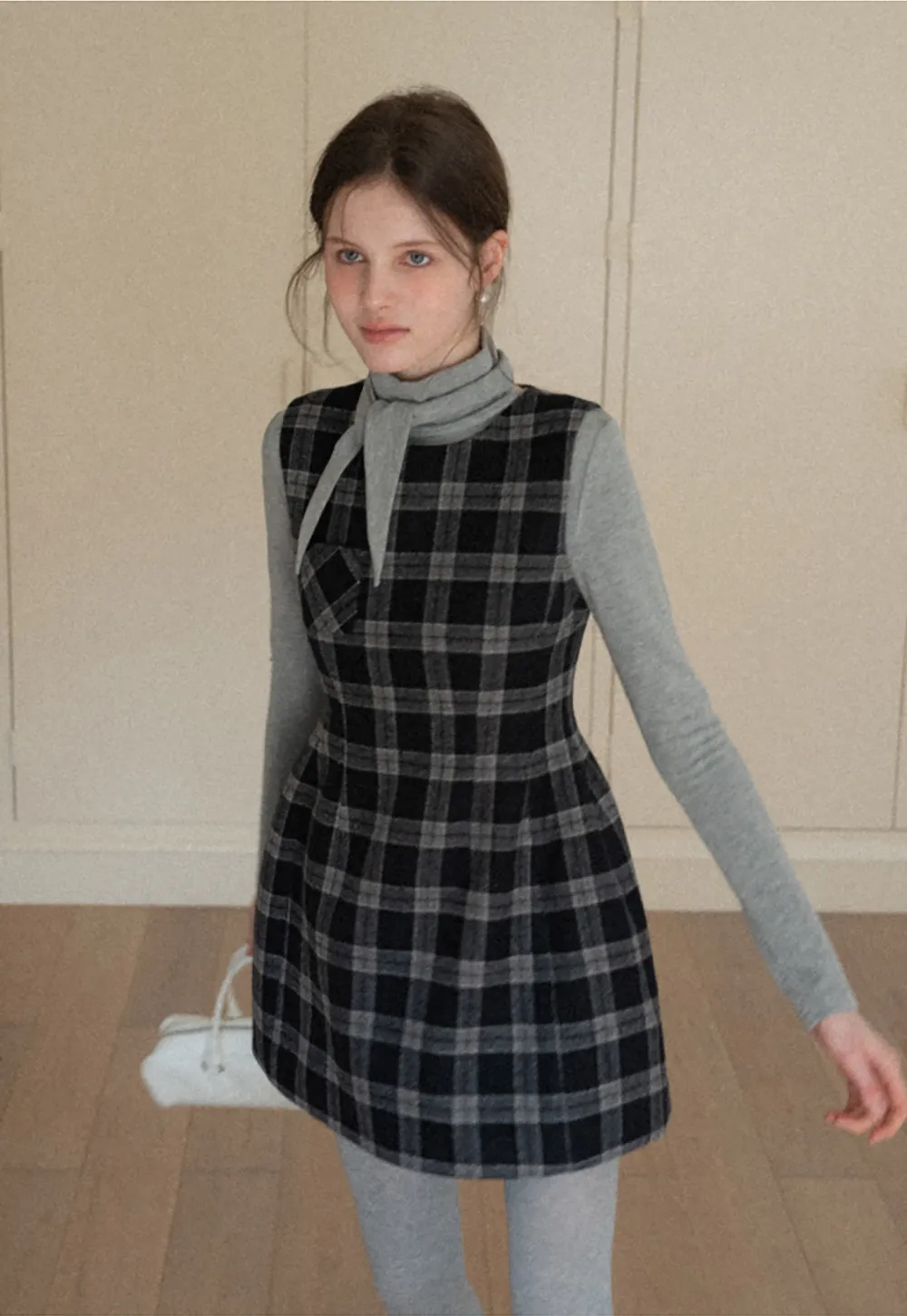 Sleeveless Plaid Dress with High Neck Tie Design