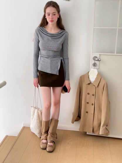 Asymmetrical Wrap Front Long Sleeve Top