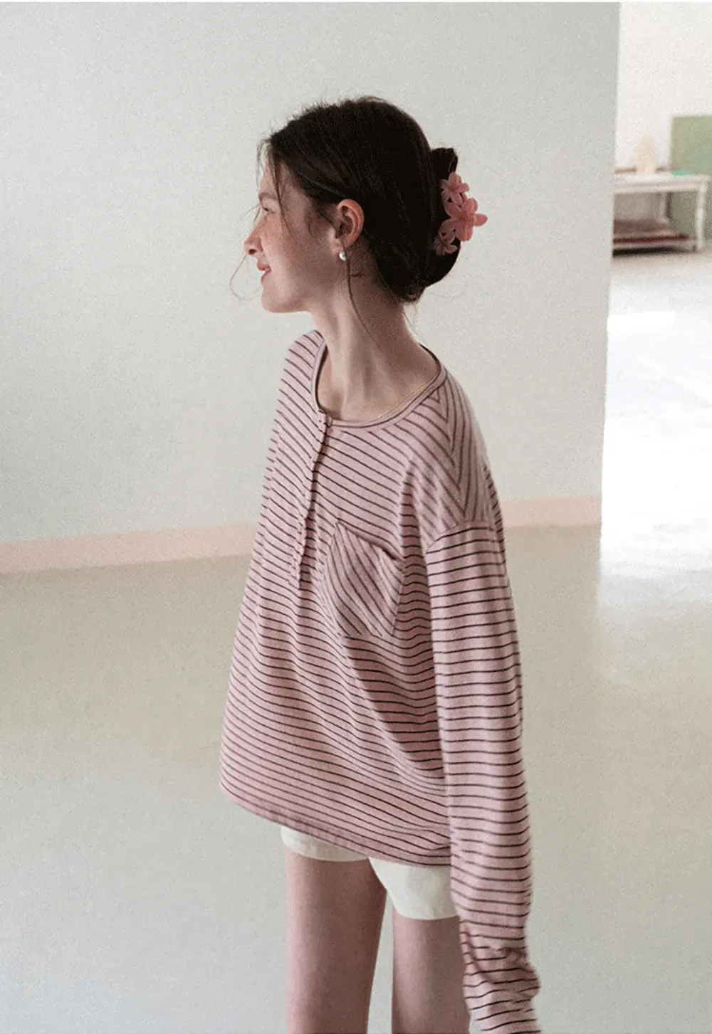 Long sleeve striped henley shirt with chest pocket