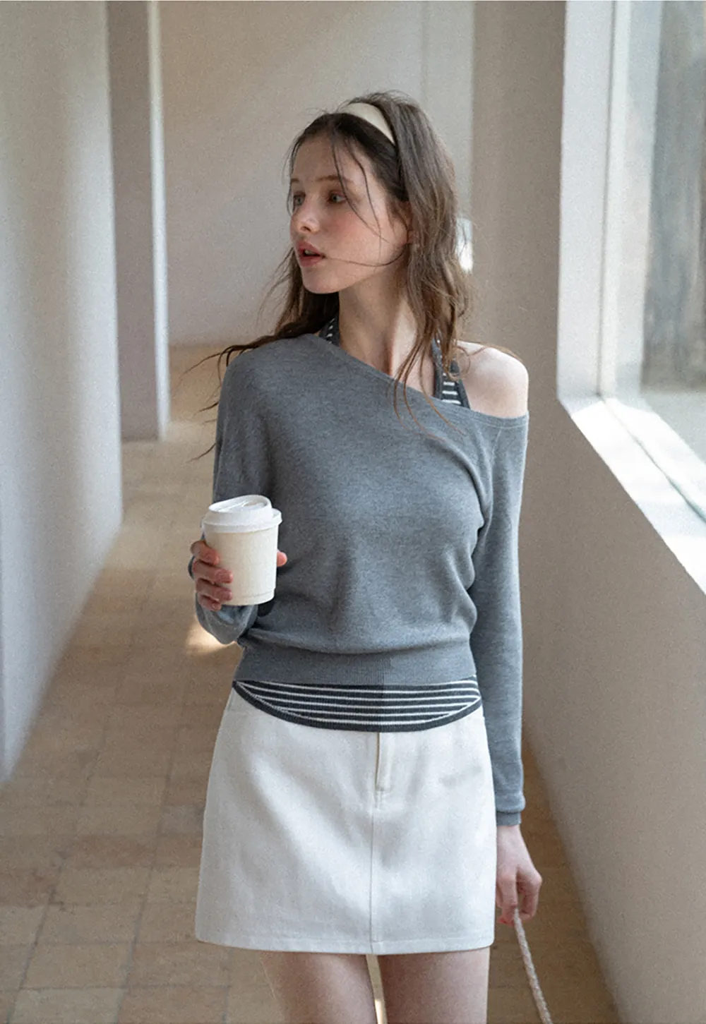 Off Shoulder Long Sleeve Knit Sweater with Striped Trim