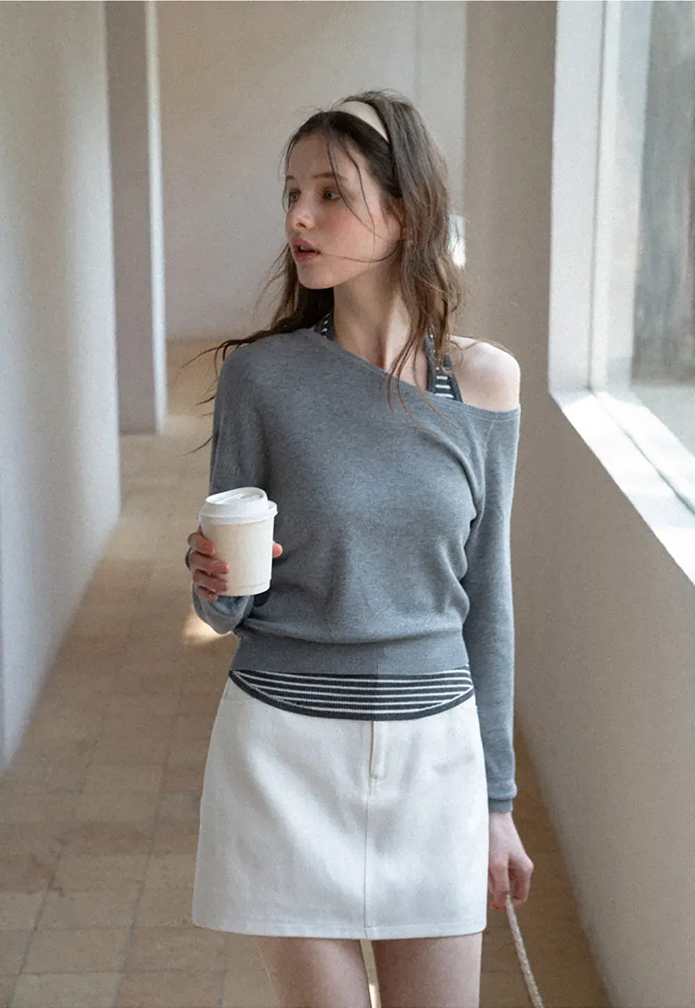 Off Shoulder Long Sleeve Knit Sweater with Striped Trim