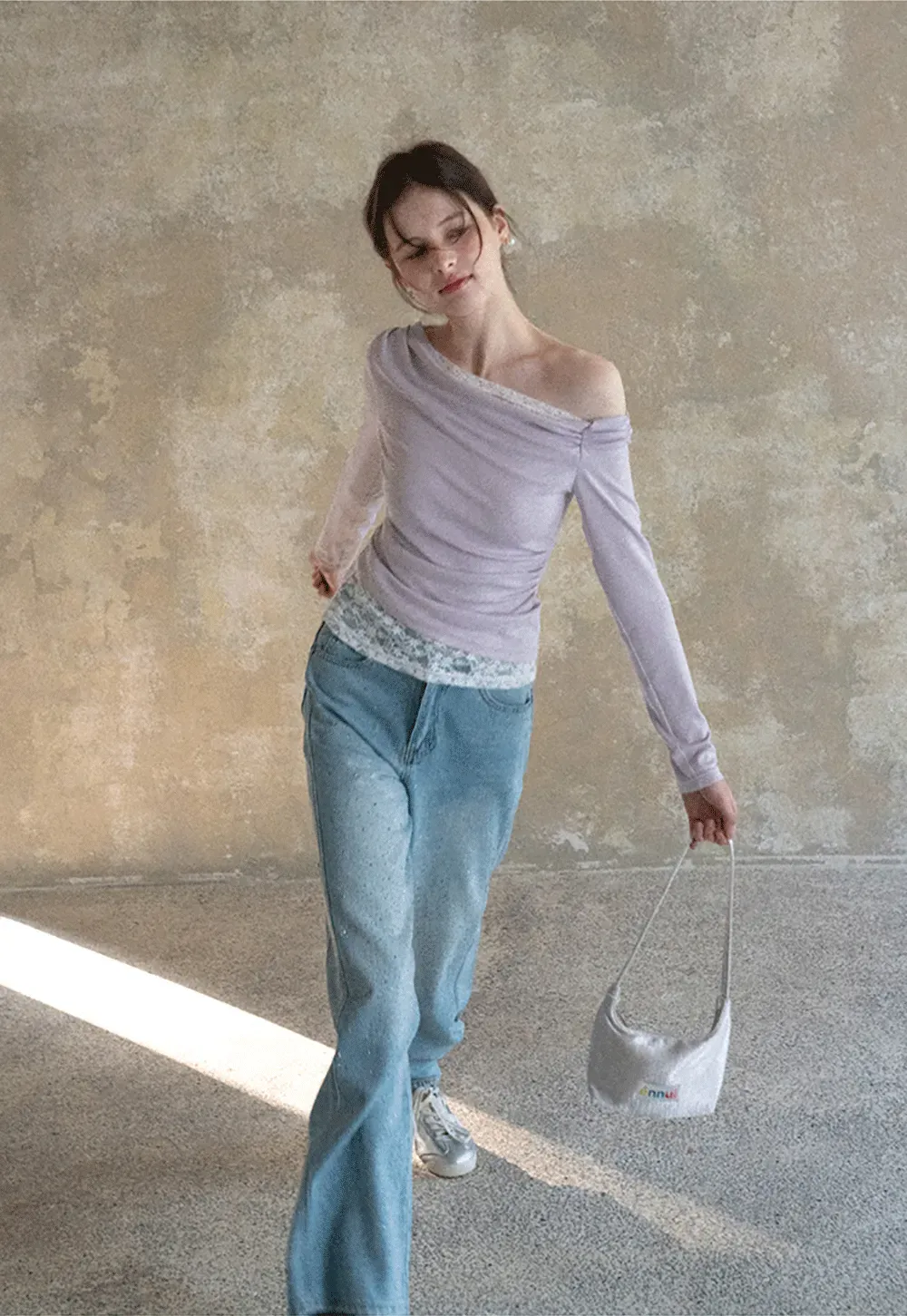 Off shoulder long sleeve top with lace trim