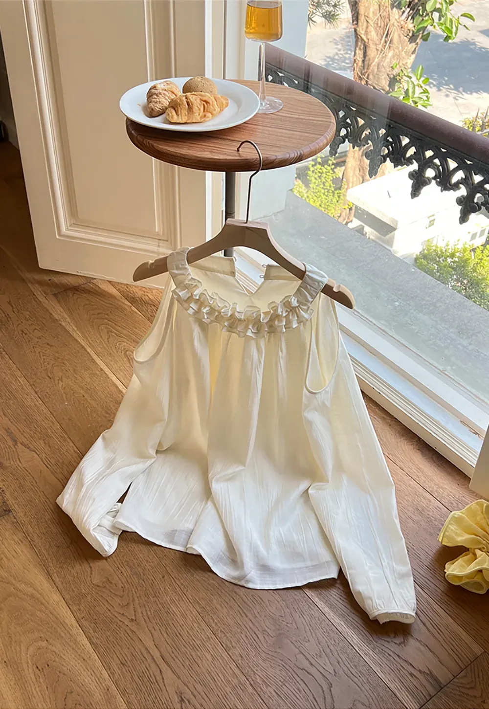 Lace Chiffon Blouse with Ruffled Neck and Cold Shoulder