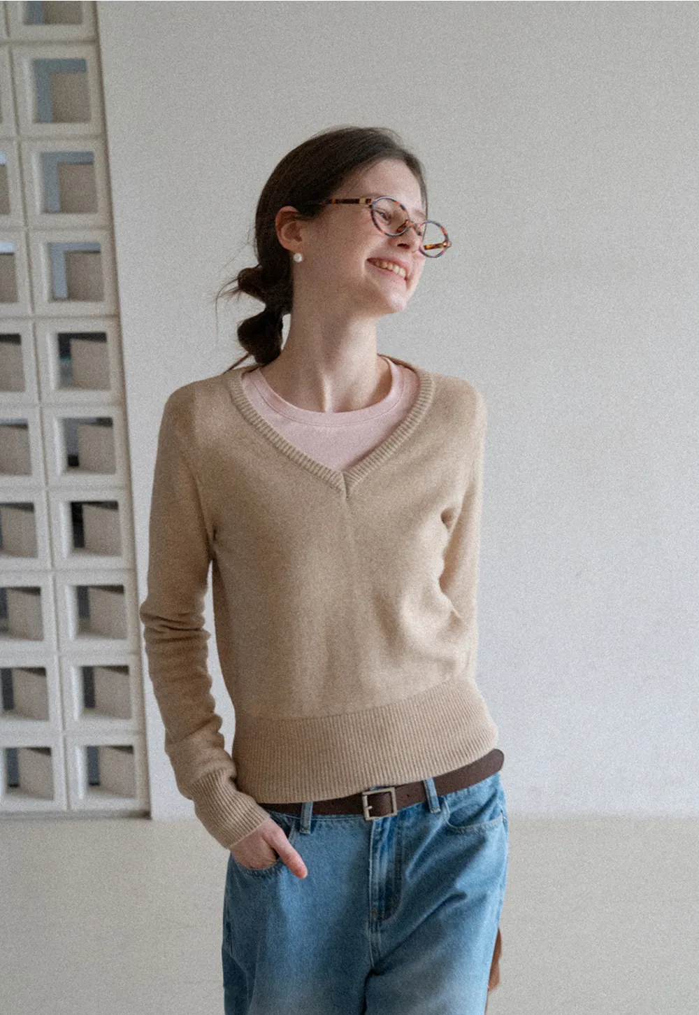 V Neck Knit Sweater with Layered Collar Design