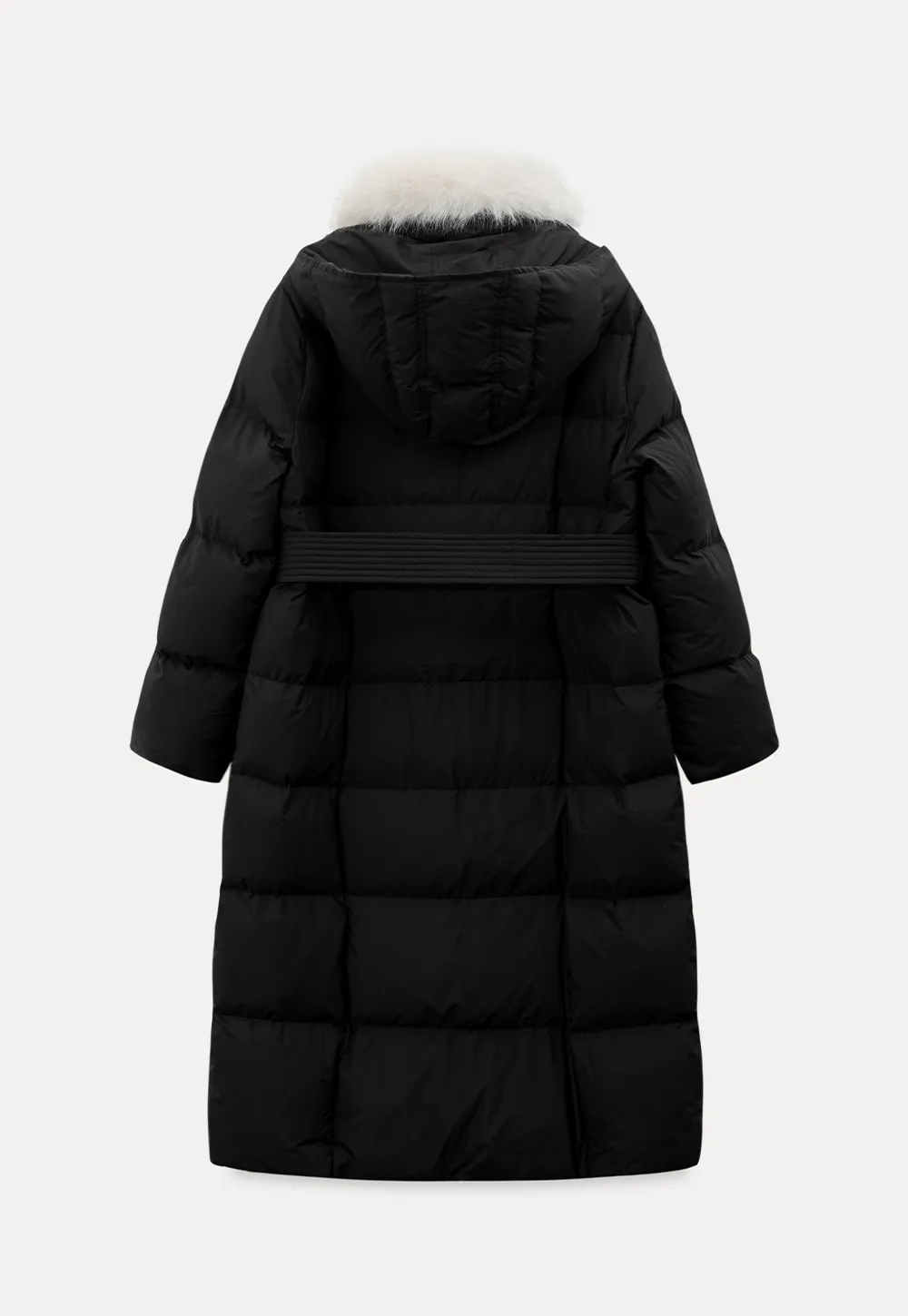 Long Puffer Coat with Fur Trim Hood Belted Design