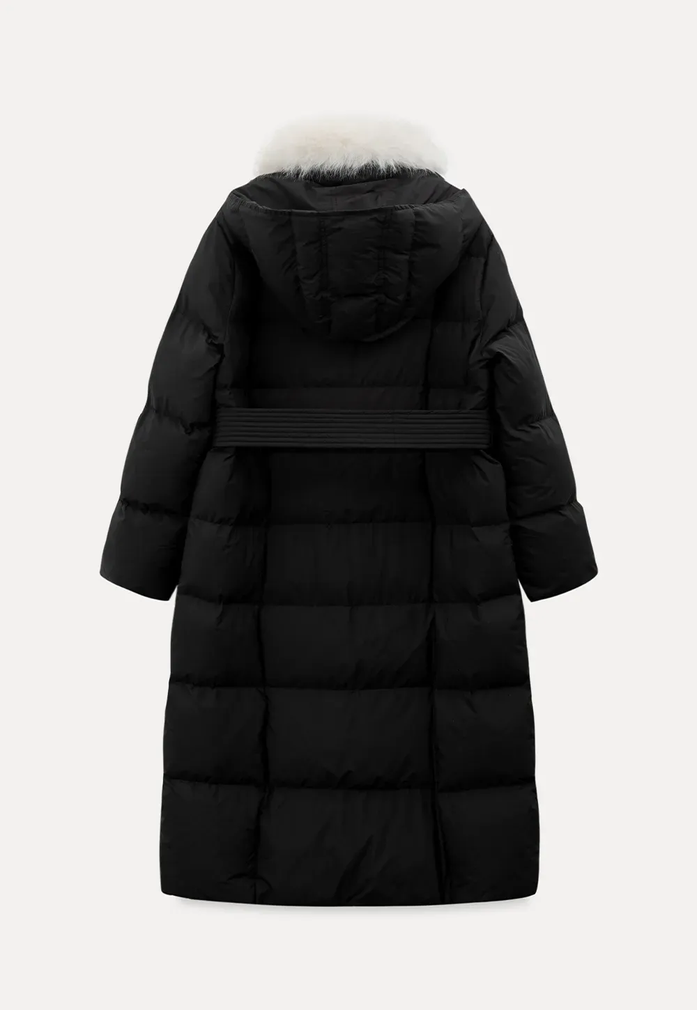 Long Puffer Coat with Fur Trim Hood Belted Design