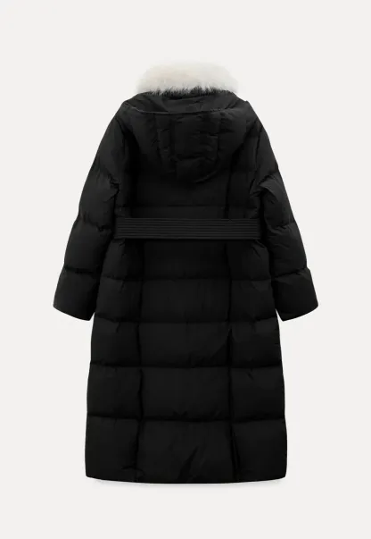 Long Puffer Coat with Fur Trim Hood Belted Design