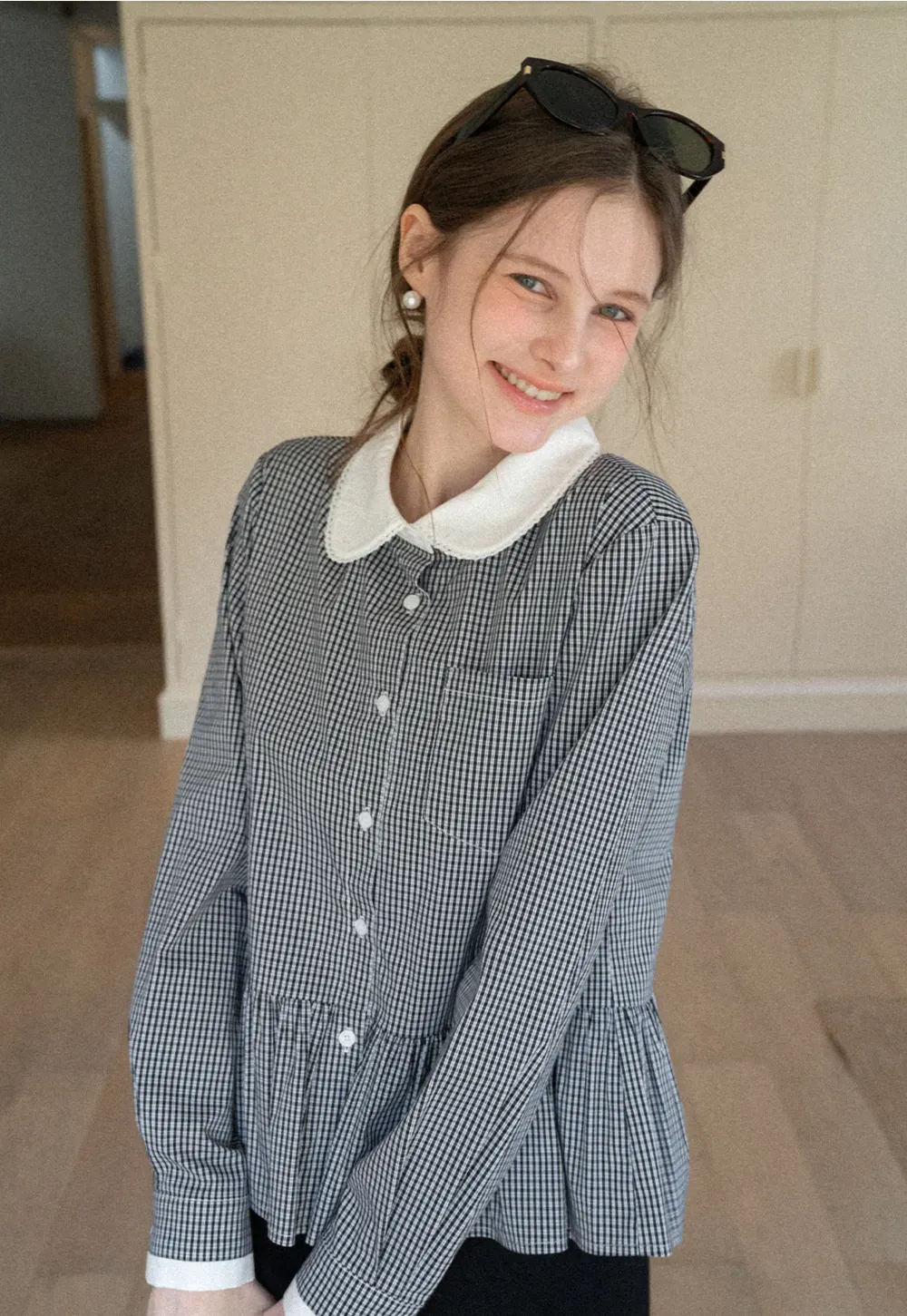 Peplum Gingham Collar Shirt with Flared Hem