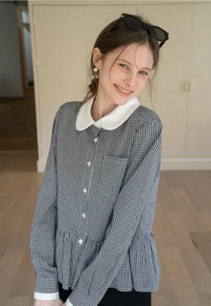Peplum Gingham Collar Shirt with Flared Hem