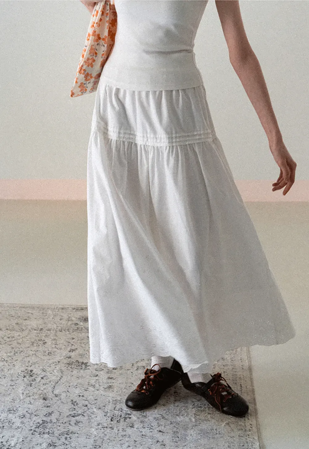 Tiered A-line Midi Skirt with Pleated Detail