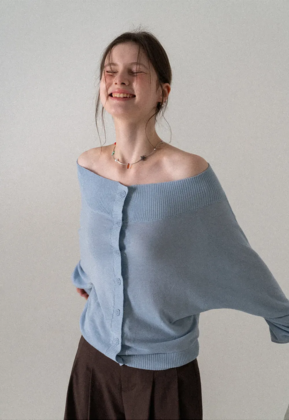 Off Shoulder Knit Cardigan with Button Front