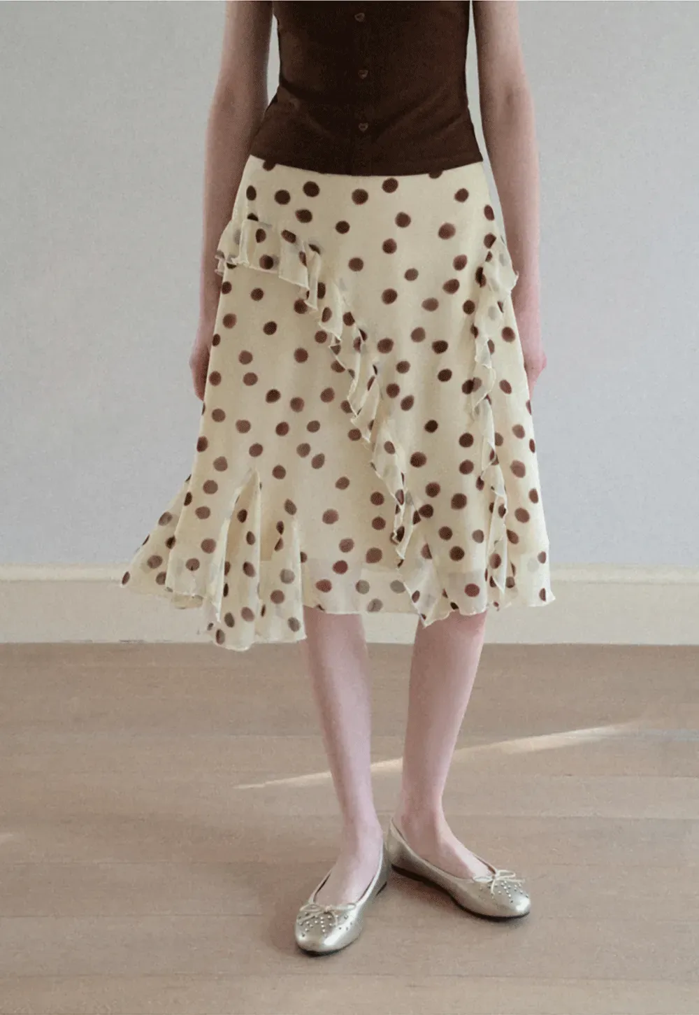 Polka dot ruffled asymmetrical midi skirt