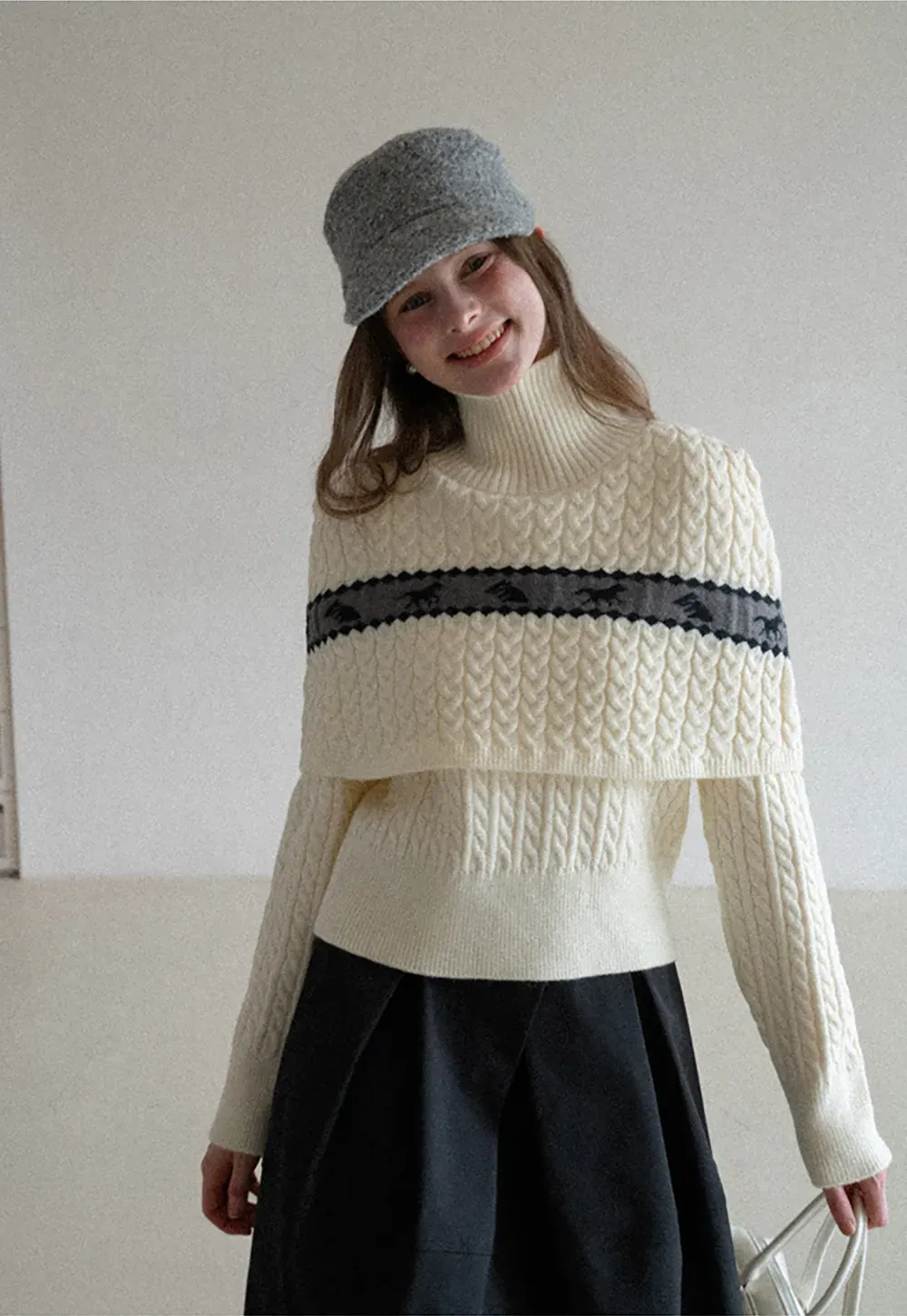 Turtleneck Cable Knit Sweater with Horse Pattern Stripe