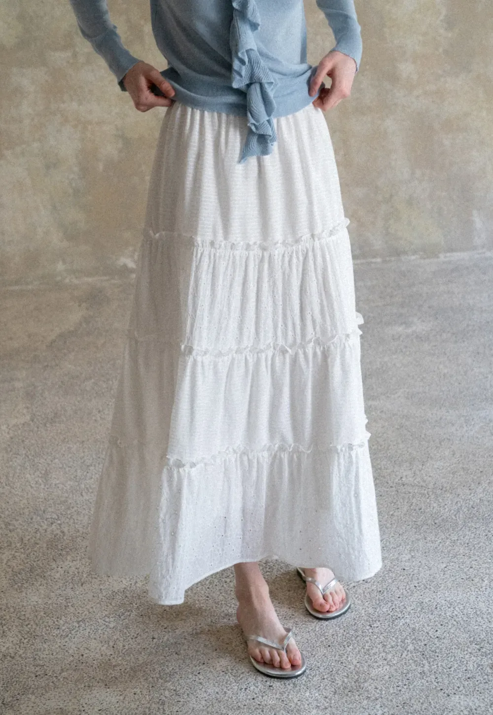 Tiered Ruffled Eyelet Maxi Skirt