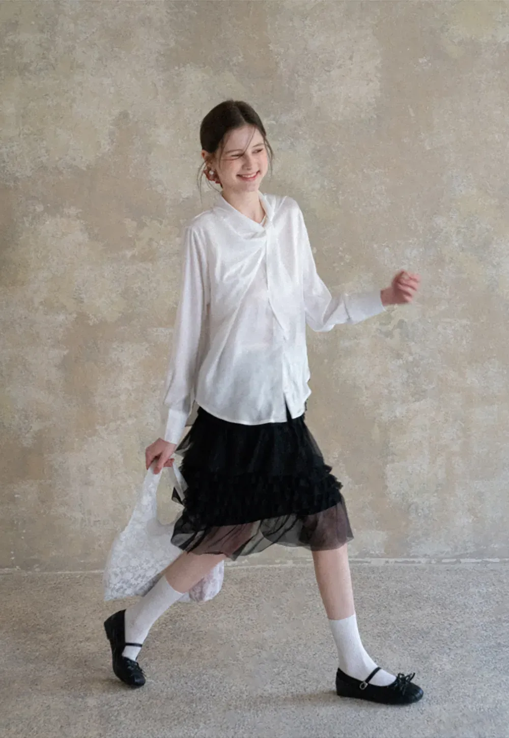 Ribbed Long Sleeve Shirt with Tie Neck Detail