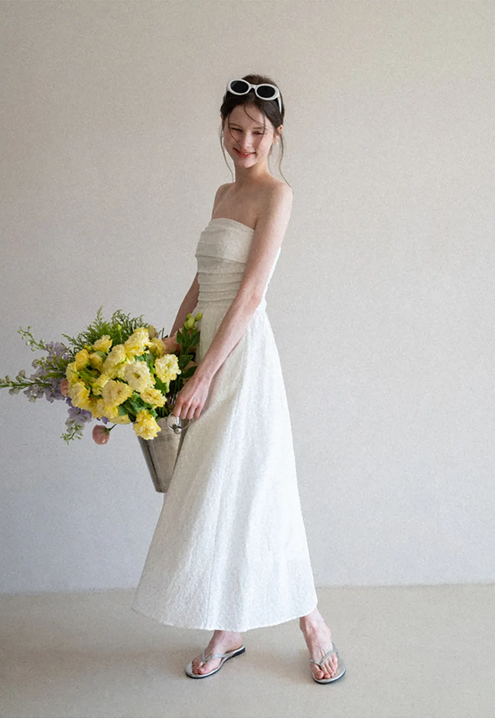 Strapless A-line Midi Dress with Ruched Bodice