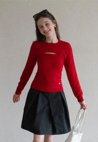 Cutout Detail Round Neck Knit Sweater