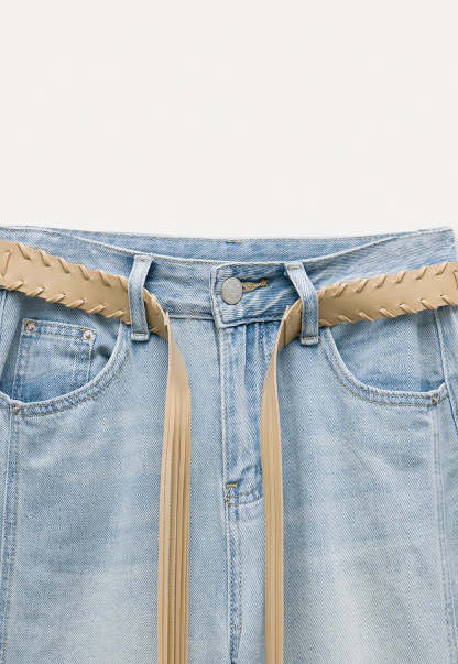 Women's Wide Leg Distressed Jeans with Braided Belt