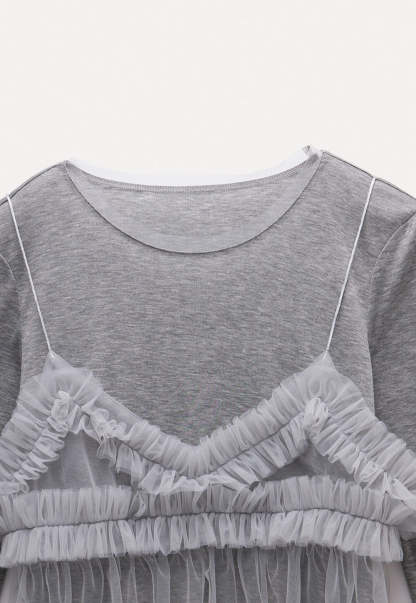 Chic Ruffled Mesh Overlay Long-Sleeve Top