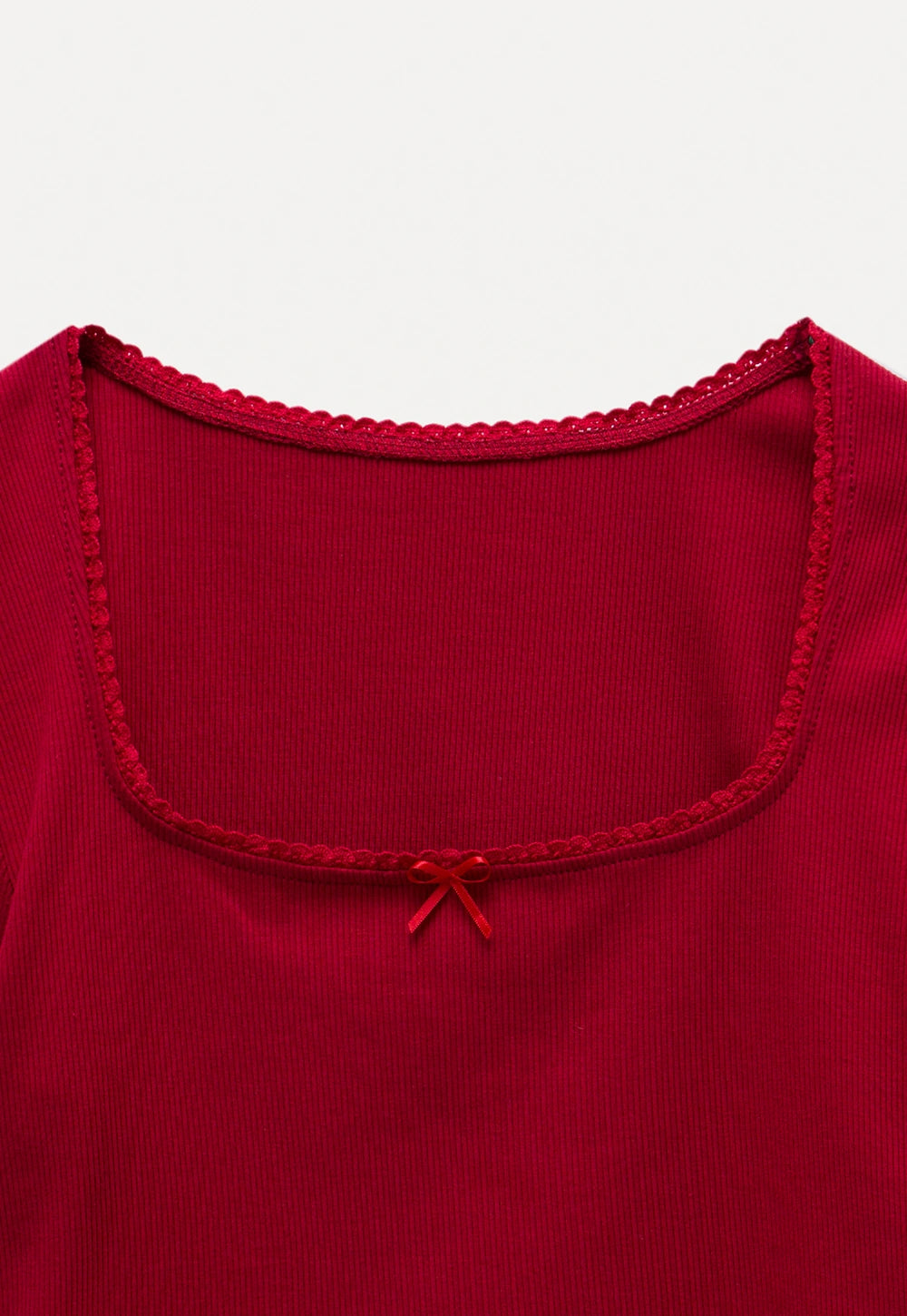 Square Neck Ribbed Tee with Bow Detail